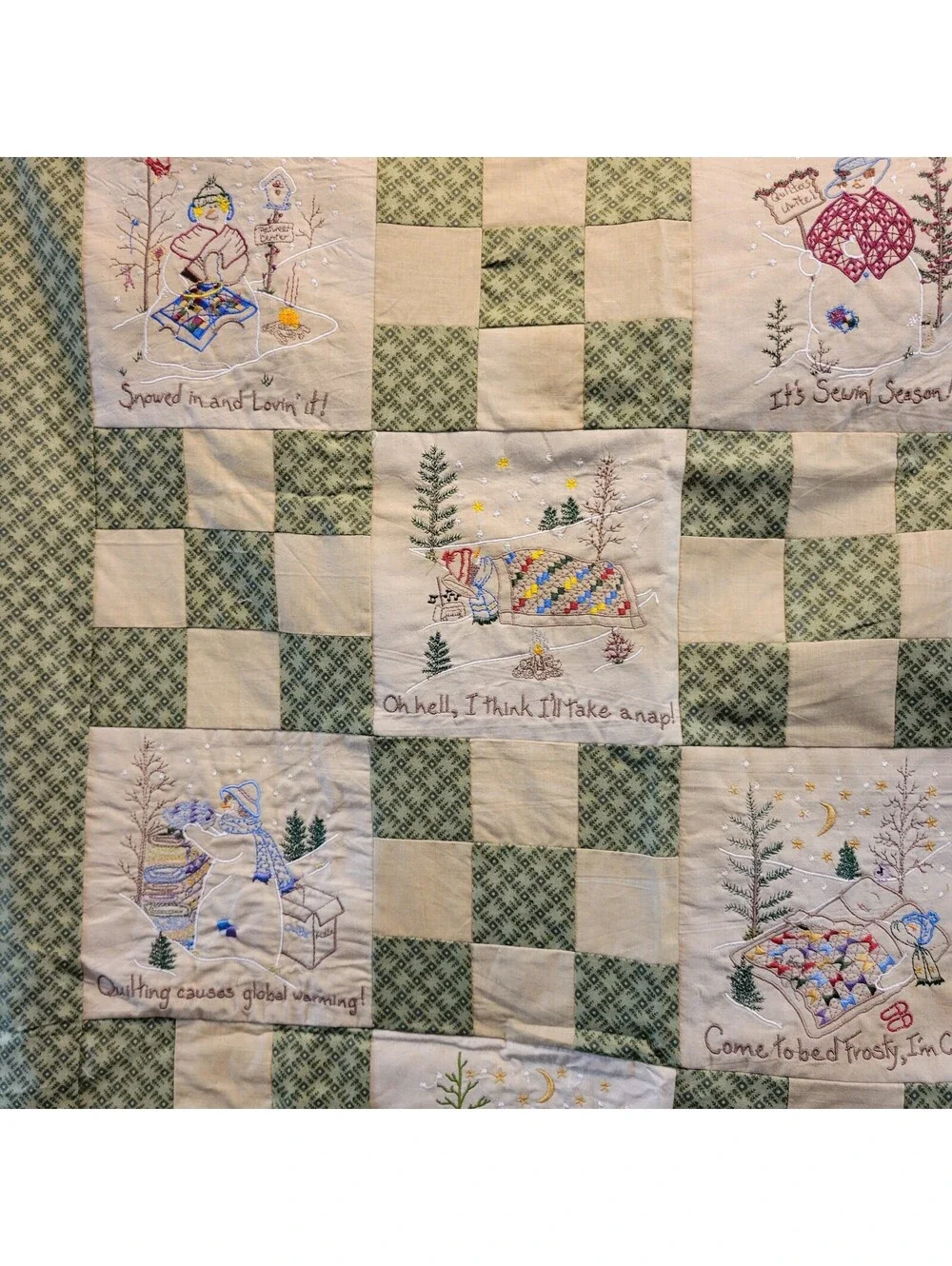 Vtg Quilt Embroidered Winter-themed Blocks from The Quilting Snow Ladies Q99